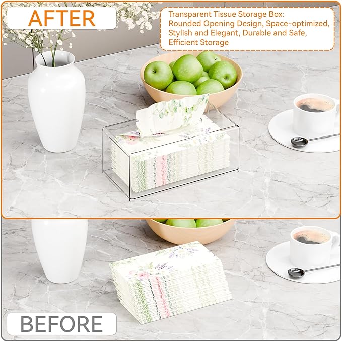 Clear Acrylic Tissue Box Holder with Cover Facial Tissue Dispenser Box Case for Countertop,Clear Plastic Dryer Sheet Container Napkin Organizer for Bathroom, Kitchen,Home,Rectangle
