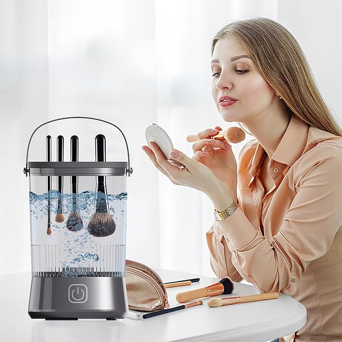 Makeup Brush Cleaner Machine - Automatic Cosmetic Brush Cleaning Tool for Sponges and Makeup Eggs, Efficient Easy Use Cleaner for Daily Makeups Hygiene, Portable Home Vanity Accessory
