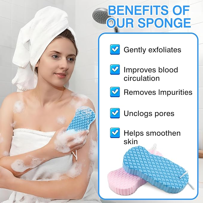 4-Pack Exfoliating Bath Sponges – Super Soft Shower Sponge Set for Adults & Kids, Gentle Dead Skin Remover, Assorted Colors (Pink, Blue, White, Gray)
