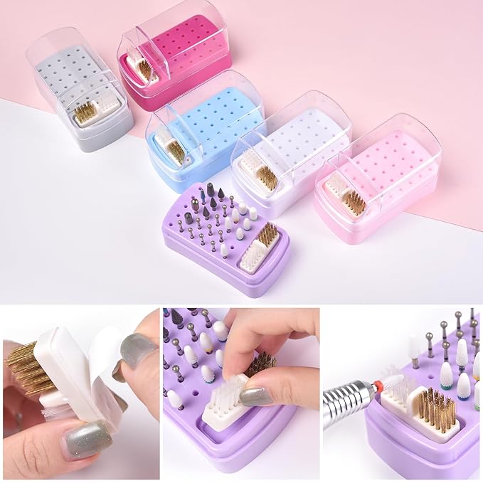 2 in 1 Nail Drill Bit Holder & Nail Drill Bit Cleaner Brush Case 30 Holes Dustproof Nail Drill Bit Display Stand Organizer Box Manicure Drill Bits Cleaning Brush Bits Storage Tool, Rose Red