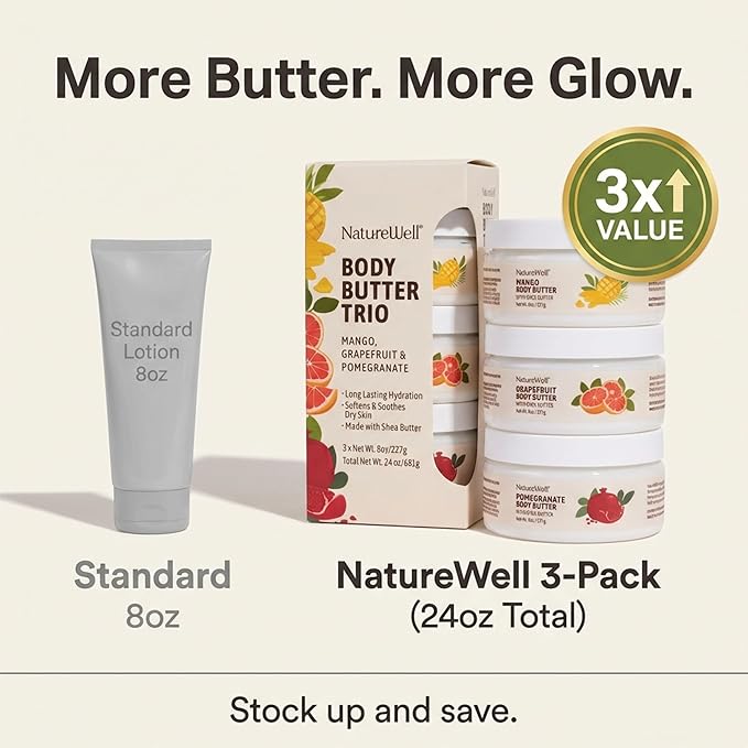 NATURE WELL Shea Body Butter Variety Pack, Includes Grapefruit, Mango, & Pomegranate, Provides Ultimate Nourishment & Hydration, 3 Pack (8 Oz Ea)