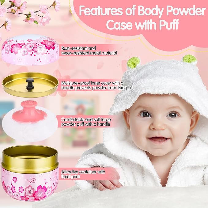 3 Pieces Body Powder Puff and Container, Baby Powder Container Floral Pattern with Large Fluffy Plush Puff Spoon, Baby Woman Loose Dusting Powder Tea Box for Home & Travel Use (Pink, Blue and Yellow)