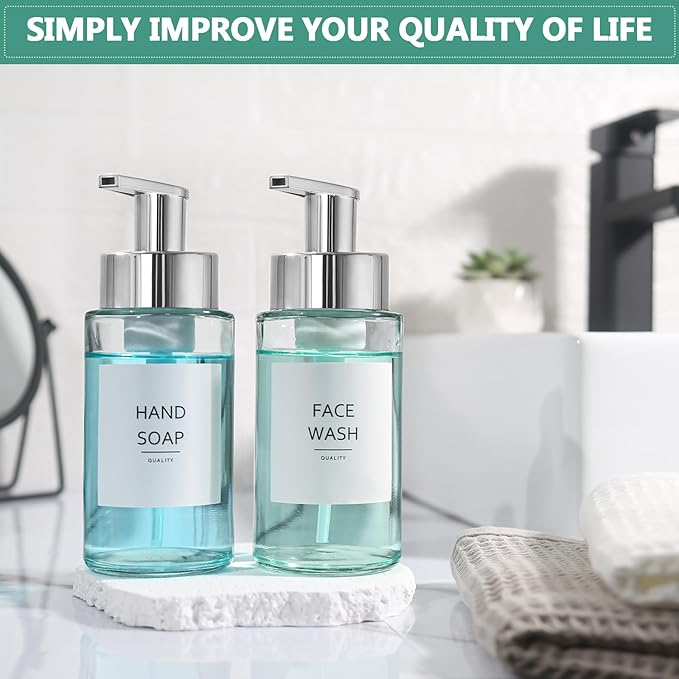 Glass Soap Dispenser, 10 oz/300ml Foaming Soap Dispenser, 2 Pack Foaming Hand Dispenser for Bathroom & Kitchen, Clear Refillable Foam Soap Bottle with Silver Pump