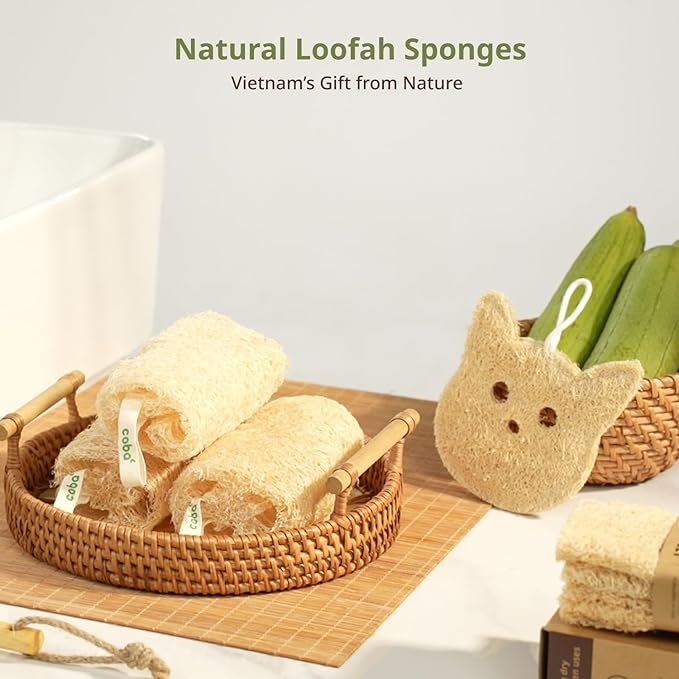 Natural Loofah Sponge Set (4-Pack) | Shower Loofah Exfoliating Body Scrubber for Women & Men | Multi-Use Sponge for Shower, Spa, Kitchen, Pet | 100% Natural, Dye-Free, Eco-Friendly