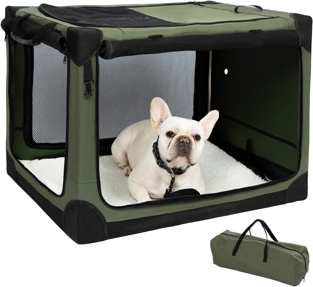 Pettycare Portable Travel Dog Crate 4-Door Soft Sided 30 Inch Collapsible Dog Crate with Curtains Durable Mesh Foldable Pet Kennel Soft Crates for Medium Dogs Indoor & Outdoor Olive Green