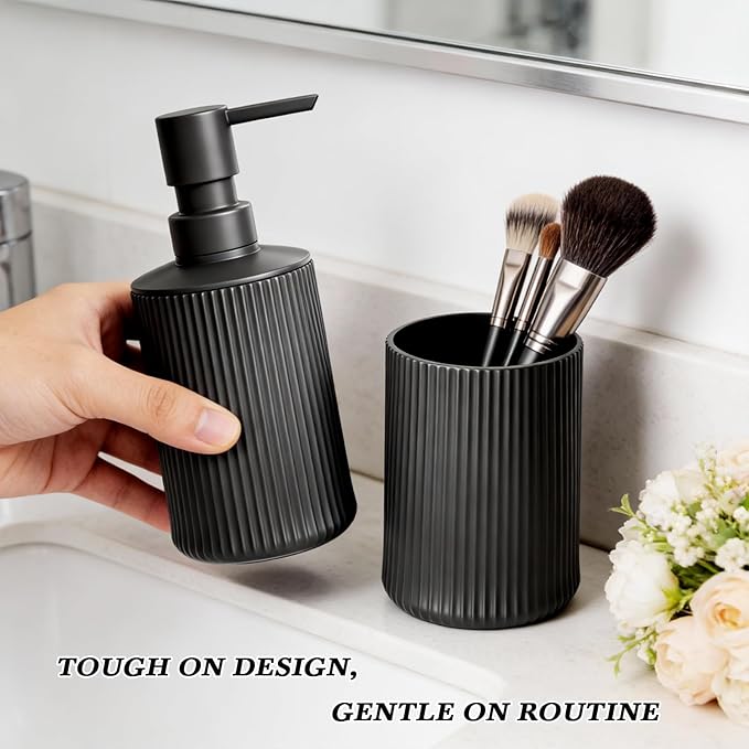Bathroom Set Accessories, Black Soap Dispenser and Toothbrush Holder Complete 2 Piece Plastic Hand Dish Soap Counter Set for Modern Decor