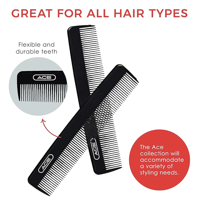 ACE Pocket Fine Tooth Comb - 4.5 Inch, Black - Great for All Hair Types - Fine Comb Teeth for Thin to Medium Hair - Durable for Everyday and Professional Use