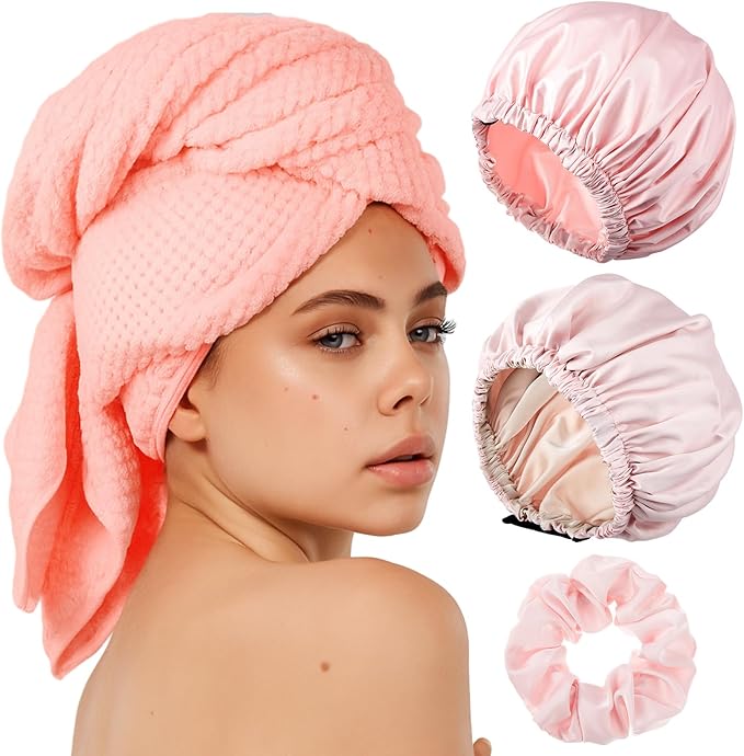 4 Pcs Microfiber Drying Hair Wrap Towels Reusable Waterproof Shower Cap with Elastic Band Adjustable Silk Hair Bonnet for Sleeping with Scrunchie for Women Christmas Favor Gifts(Pink)