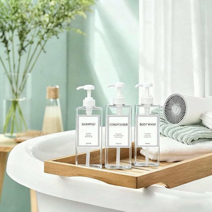Modern Shampoo and Conditioner Dispenser (21 oz, Pack of 3) Refillable Pump Bottle Set Empty Shower Plastic Bottles with Pump for Bathroom Body Wash Soap and Shower
