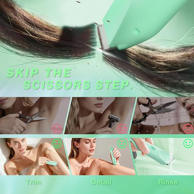 Bikini Trimmer for Women, Dual-Ended Electric Razor Personal Shaver for Bikini Line & Pubic Hair, Waterproof USB-C Rechargeable Body & Face Trimmer for Underarms & Legs (Mint Green)
