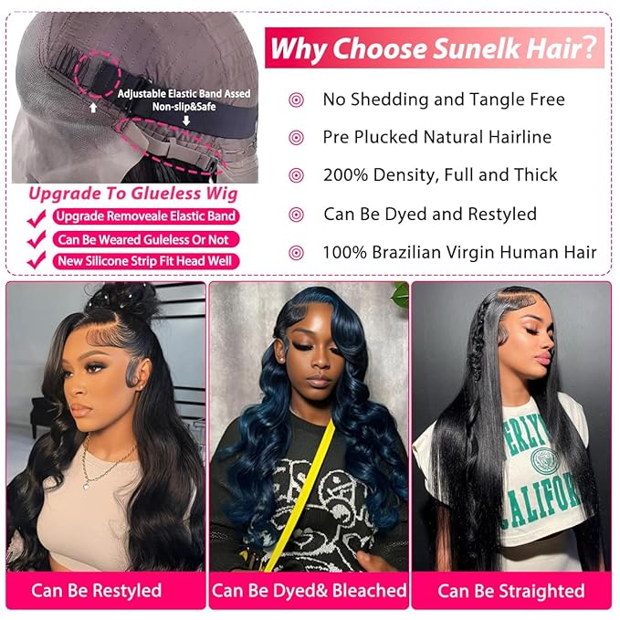 Sunelk 200 Density 13x6 Lace Front Wigs Human Hair 34 Inch Body Wave HD Lace Front Wigs Human Hair Pre Plucked Glueless Wigs Human Hair for Women 13x6 HD Lace Frontal Wig