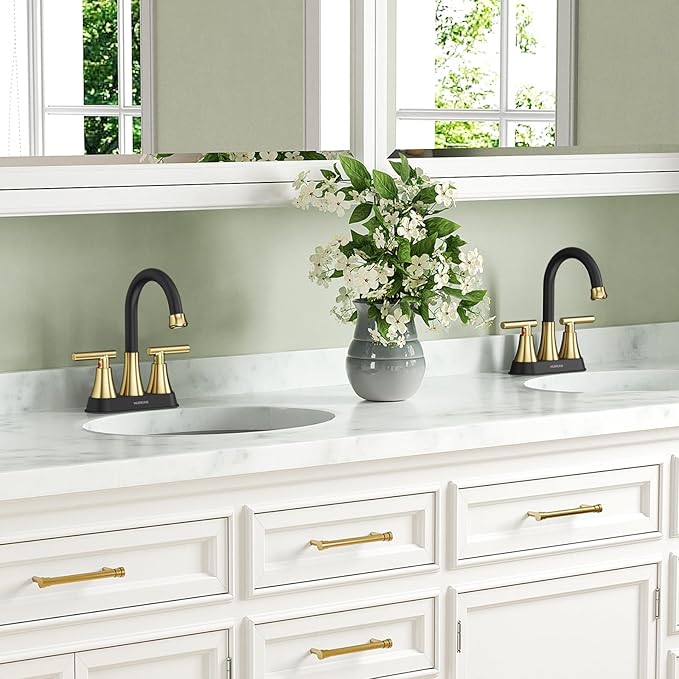 Bathroom Faucets for Sink 3 Hole, Hurran 4 inch Black and Gold Bathroom Sink Faucet with Pop-up Drain and Supply Hoses, Stainless Steel Lead-Free Centerset Faucets for Vanity RV