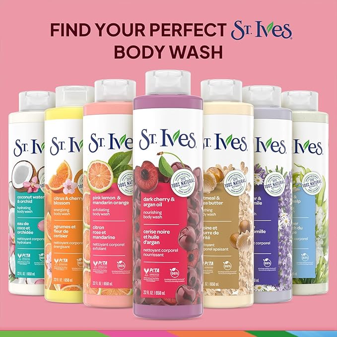 St. Ives Body Wash, Dark Cherry & Argan Oil Nourishing Shower Gel 2-Pack, 100% Natural Extracts, Cruelty-Free, 22 Oz Ea
