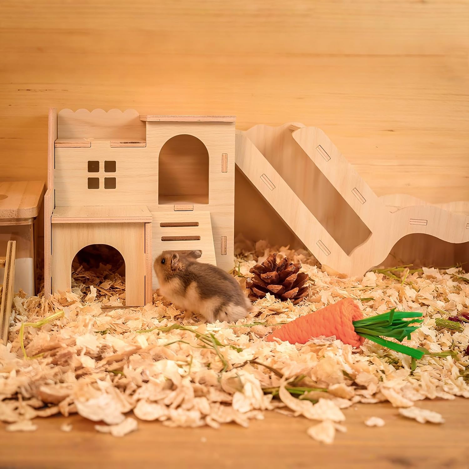 Multi-Chamber Hamster Hideout & House, Natural Wood Small Animal Cage Accessories for Dwarf Hamsters, Gerbils and Mice – Ventilated Design with Structure