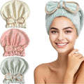 Jseng Microfiber Hair Towel Caps for Wet Hair with Cute Bowtie, 3Packs Fast Drying Hair Towel Caps for Long Curly Hair Women