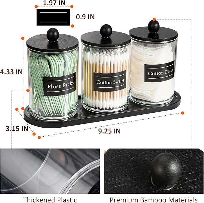 4 Pack 10 oz Acrylic Qtip Holder with Labels Dispenser- Bathroom Small Clear Plastic Canister Apothecary Jar Set Essentials Accessories Decor, Vanity Storage Organizer
