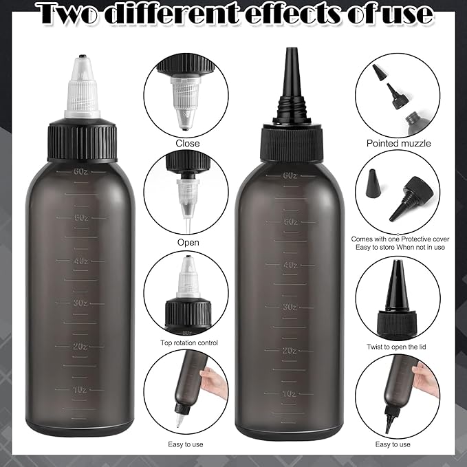 Root Comb Applicator Bottle Oil Applicator for Hair Dye Hair Oiling Bottle with 2 Types Caps and Graduated Scale, 6 Ounce (Black)