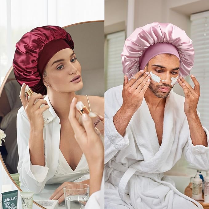 Satin Silk Bonnet for Sleeping, Double Layer Silk Sleep Cap for Men & Women, Soft Satin Lined Bonnet for Curly Hair