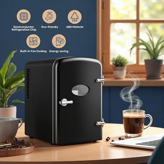 Simple Deluxe Mini Fridge with Observation Window, 4 Liter/6 Can Portable Cooler & Warmer Freon-Free Small Refrigerator, Compact for Skincare, Beverage, Food, Cosmetics, Black New