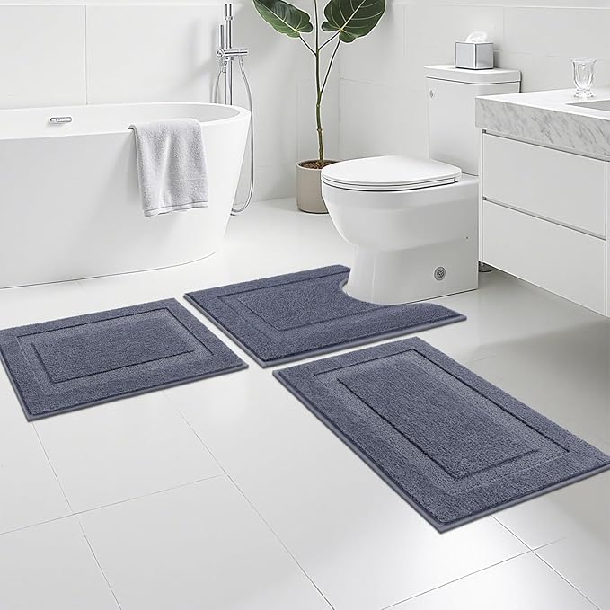 SHACOS Grey Bathroom Rugs Sets 3 Piece, 16"x24" + 20"x32" Non Slip Bath Mat and 20"x24" Toilet Rugs U Shaped Washable, Soft Fluffy Water Absorbent Bath Rugs for Bathroom