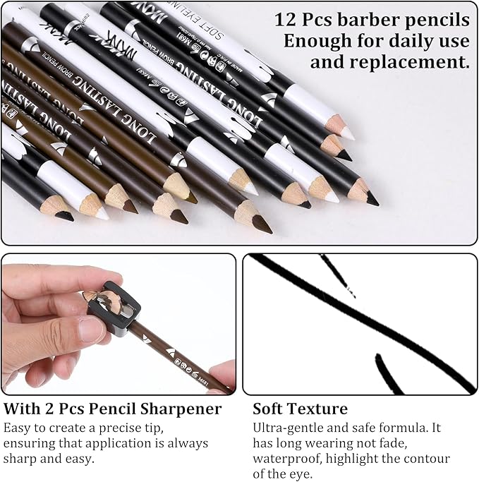 12Pcs Barber Pencil with 2 Sharpener, Magic Hairline Pencils for Lineup Beard Shaping Beard Guide Pen Barber Chalk for Men Beards Hair Makeup Design White Black Dark Brown Light Brown