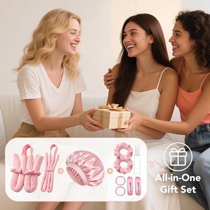 LitBear Heatless Curls Overnight, 2 Sizes of Soft Hair Rollers for Women with Bonnet to Sleep In, No Heat Hair Curlers Set with Scrunchies and Clips, for Long and Medium Hair (Pink)