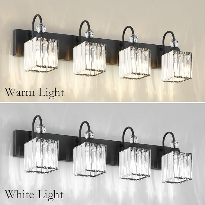 Ralbay Matte Black Crystal Vanity Light 4 Light Modern Crystal Bathroom Lighting Fixtures Over Mirror, Crystal Black Bathroom Vanity Light