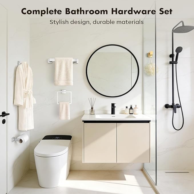 Bathroom Accessories Towel Bar Set: 15 Pieces Brushed Nickel Square Bathroom Hardware SUS304 Stainless Steel - Wall Mounted Towel Rack&Toilet Paper Holder&Towel Ring and Towel Hook