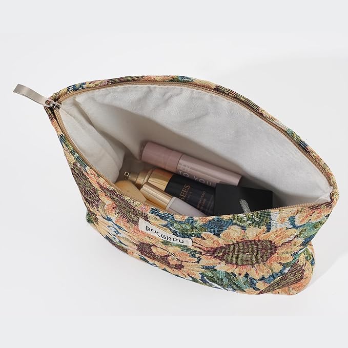 2 PCS Makeup Bag Set，Portable Cosmetic Bag for Purse ，Large Storage Capacity Toiletry Bag Make up Organizer，Travel Pouch with Zipper for Women, (Sunflower Oil Painting)