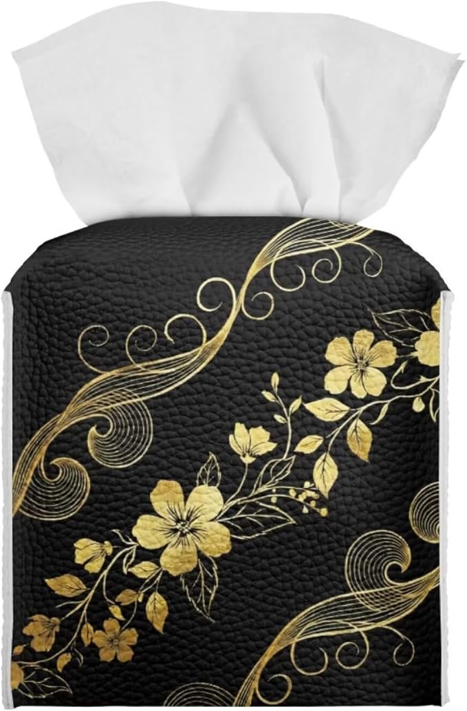 Black Marble Flower Tissue Box Holder Stylish Leather Square Tissue Box Cover with Top Handle Waterproof Napkin Case Holder Home Office Bathroom Decor