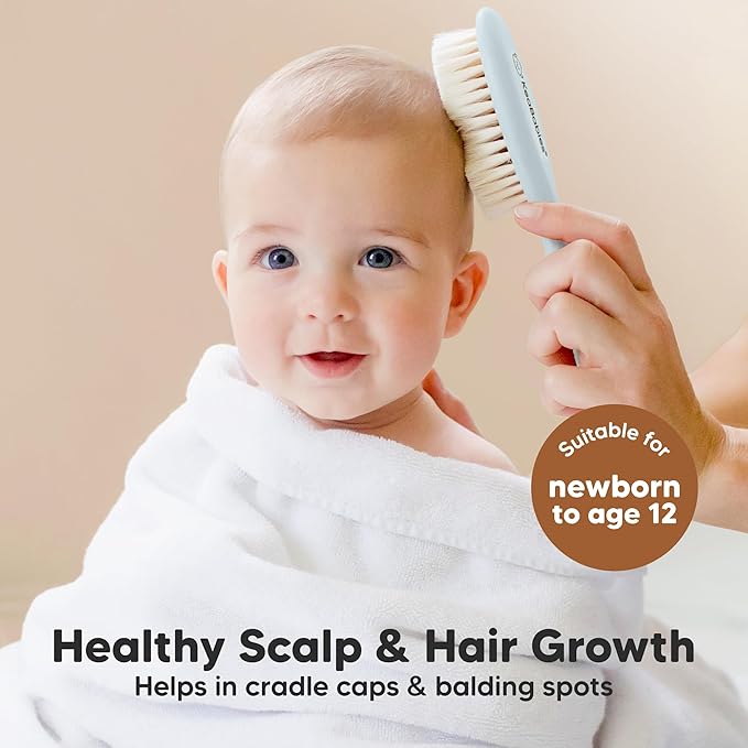 Wooden Baby Hair Brush - Cradle Cap Baby Brush with Soft Goat Bristles, Perfect Gentle Scalp Newborn Comb for Infant, Girls, Boys, Bath Essentials (Frost, Regular)