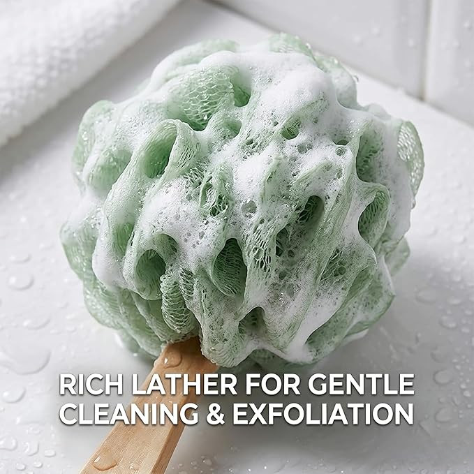 4 Pack Large Bath Puff Loofah Sponge with Long Handle Shower Loofah, Bath Body Back Brush, Spa Brush for Women and Men(4 Color)