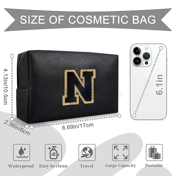 Personalized Initial A-Z Preppy Patch Makeup Bag,Small PU Chenille Letter Cosmetic Bag with Zipper for Teen Girls,Black Cute Toiletry Organizer Bag,Monogram Makeup Case Gift for Women Girls,Letter N