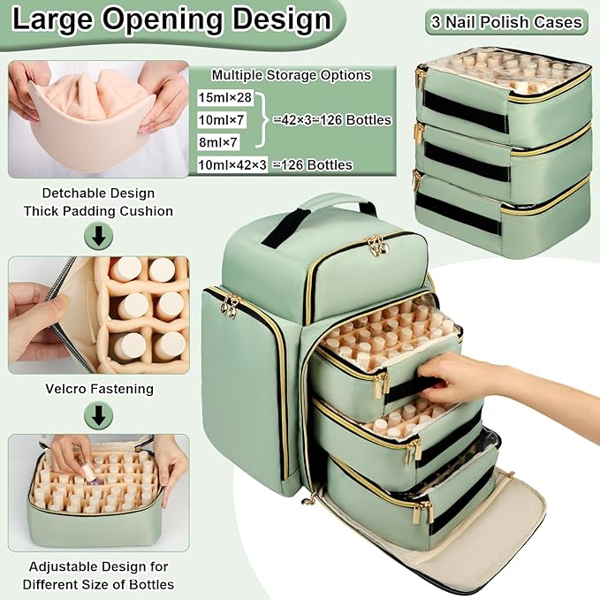 Nail Polish Organizer Backpack Holds 126 Bottles& Nail Lamp, Extra Large Nail Kit Supplies Organizer Bag with 3 Removable Cases, Portable Nail Organizers and Storage for Travel (Green)
