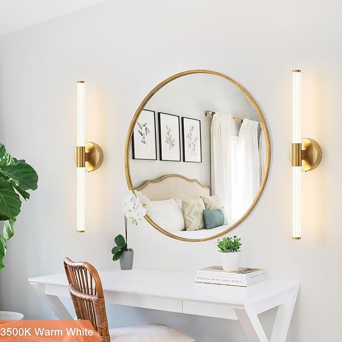 Gold Wall Sconces Set of Two Hardwired, Dimmable 5CCT LED Bathroom Light Fixtures Over Mirror, 360° Full Lighting 23 inch Vanity Light Bar Modern Wall Sconce for Bathroom Bedroom Living Room