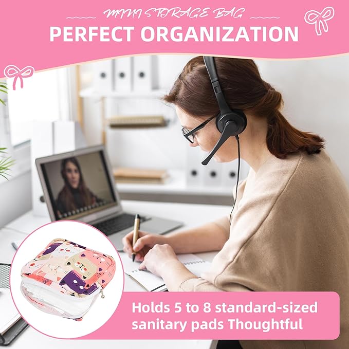 Sanitary Napkin Storage Bag,Period Bag,Portable Period Bag for Teen Pads Sanitary Napkins Small Tampons First Period Gifts for School Hygiene Bags Travel Containers (Cat)
