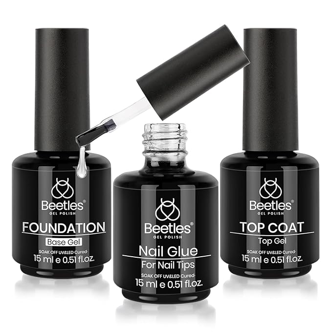 Beetles Top Coat Base Gel & Nail Glue Set-3Pcs No Wipe Top Coat & Base Coat with 5 In 1 Nail Glue Shine Effect Long Lasting Soak Off Uv Light Lamp Diy Gift for Women & Girls