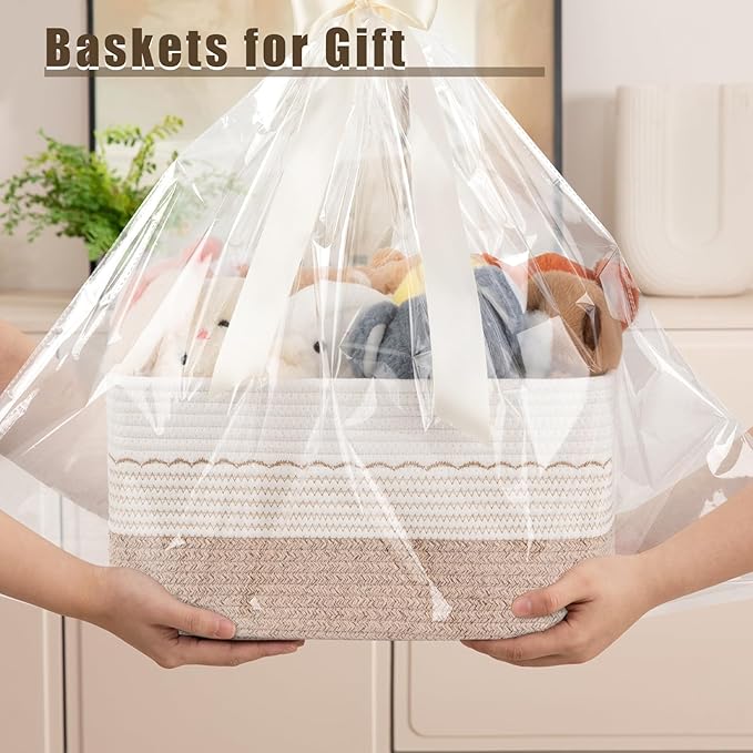 4 Pack Storage Baskets for Organizing, 15.75''x11.8''x7.87'', Decorative Cotton Rope Baskets for Shelves, Small Woven Basket for Toys, Books and Towels, Brown&White