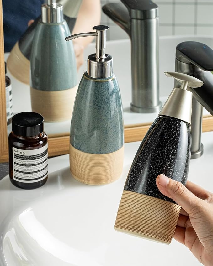 Ceramic Dish Soap Dispenser with 2 Pumps for Hand Soap, Shampoo, Lotion, Conditioner, 12 oz Refillable Soap Bottle with Silicone Funnel for Mother's Day Bathroom & Kitchen, Black