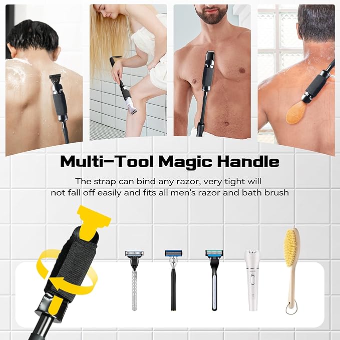 Safety Razor Extension Handle with Adjustable Length for Leg Razor,Back Shaver for Men,Multi-Function Extension Shaver Handle can be Fitted Lotion Applicator,Hair Brush for Wet or Dry - Black