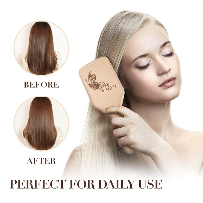 Boar Bristle Hair Brush and Comb Set for Women Men Kids, Best Natural Wooden Paddle Hairbrush and Small Travel Styling Brush for Wet or Dry Hair Detangling Smoothing Massaging