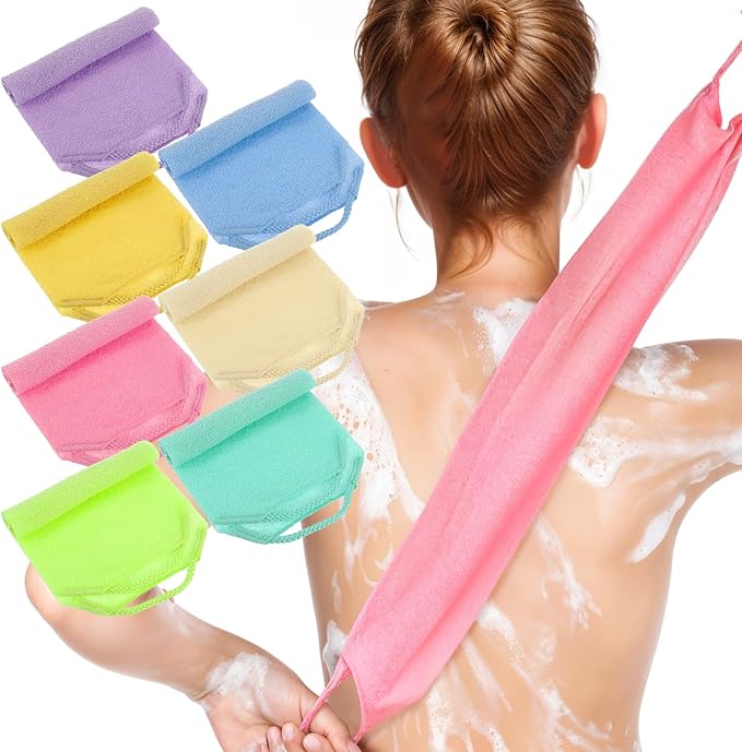 7 Pcs Exfoliating Back Scrubber with Handles, Nylon Back Exfoliator Extended Length Back Washers Scrubbers, Stretchable Exfoliating Washcloth Pull Strap Shower Scrubber for Body Cleans Skin Massages