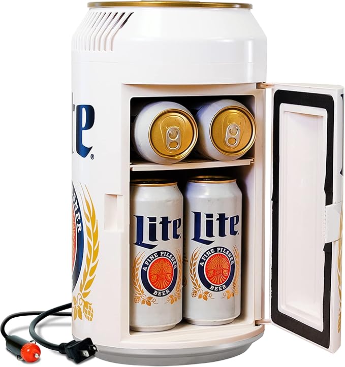 Miller Lite 8 Can Thermoelectric Mini Fridge 5.4 L/ 5.7 Quarts Capacity, 12V DC/110V AC cooler for home, den, dorm, cottage, cabin, beer, beverages, snacks, skincare, cosmetics, medication