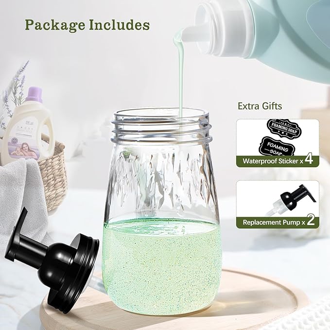Amolliar 16Oz Foaming Soap Dispenser with Pump Lid, Plastic Refillable Foam Hand Dish Soap Dispenser Set, Clear Diamond Dispenser with Lable for Farmhouse Kitchen Bathroom (2 Pack, Black)