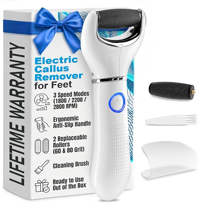 Electric Foot File Callus Remover – 3-Speed Foot Scrubber Electric (1800/2200/2800 RPM), Dry Skin Remover for Feet – 2 Replacement Rollers 80 & 60 Grit, 360° Precision Control & Easy-to-Clean Design