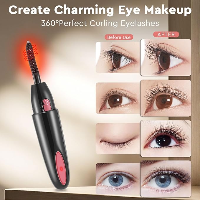 Heated Eyelash Curler, Electric Eyelash Curler for Fast Heat up Within 10s - 24 Hours Long Lasting, 2 Temp Settings Makeup Tools Safe & Portable Lash Curler with USB Charging
