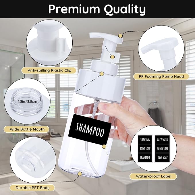 Segbeauty 16.9oz Clear Foam Soap Dispenser, 2pcs Refillable Plastic Foaming Hand Soap Dispenser, 500ml Empty Bathroom Foam Pump Dispensers Set Foaming Pump Bottle for Shampoo Lotion Liquids