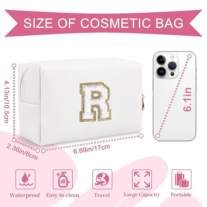 Small Personalized Initial A-Z Preppy Patch Makeup Bag,White PU Chenille Letter Travel Cosmetic Pouch with Zipper,Cute Toiletry Bag,Gift Ideal for Teen Girls Women Teacher Bridesmaid,Letter R