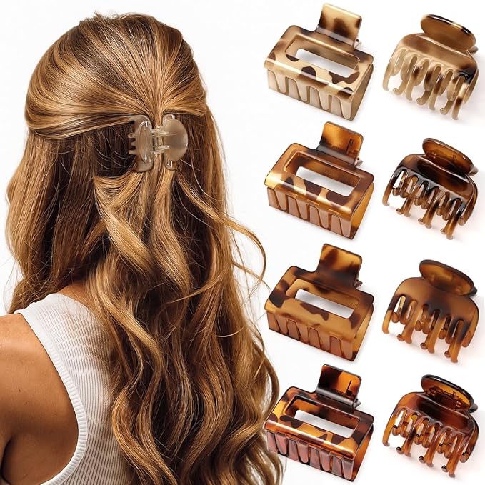 8 PCS Small Hair Clips for Women Girls, Square Medium Hair Claw Clips for Thin, Fine & Short Hair, Cute Non Slip Leopard Print Jaw Clips for Holiday Gifts, Ideal for Half Up Hair (Tortoise)