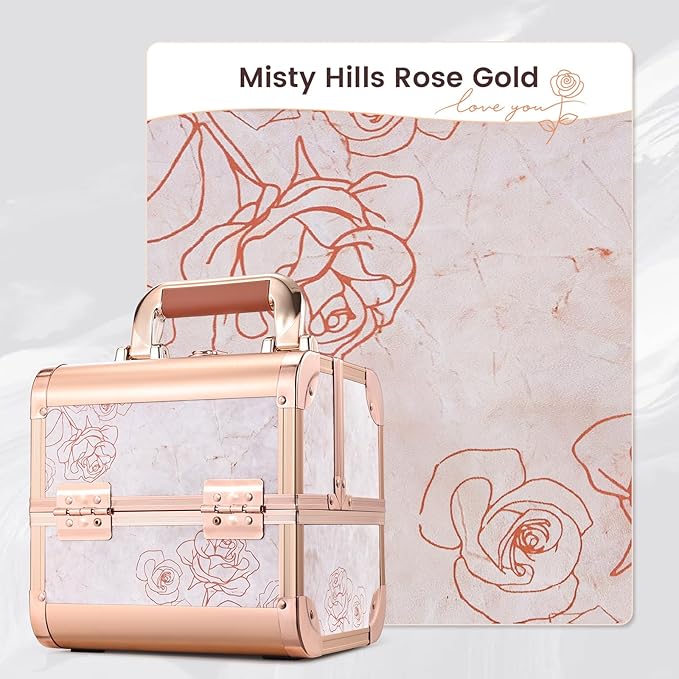 Costravio Makeup Case Train Case Portable Makeup Box with Mirror Lock Box Travel Cosmetic Train Cases Hard Make Up Organizer for Girls Nail Craft Storage Vanity Rose Gold Flower